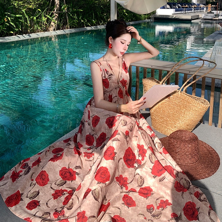 CM-DY009910 Women Trendy Bohemian Style V-Neck Sleeveless Halter Floral Long Dress