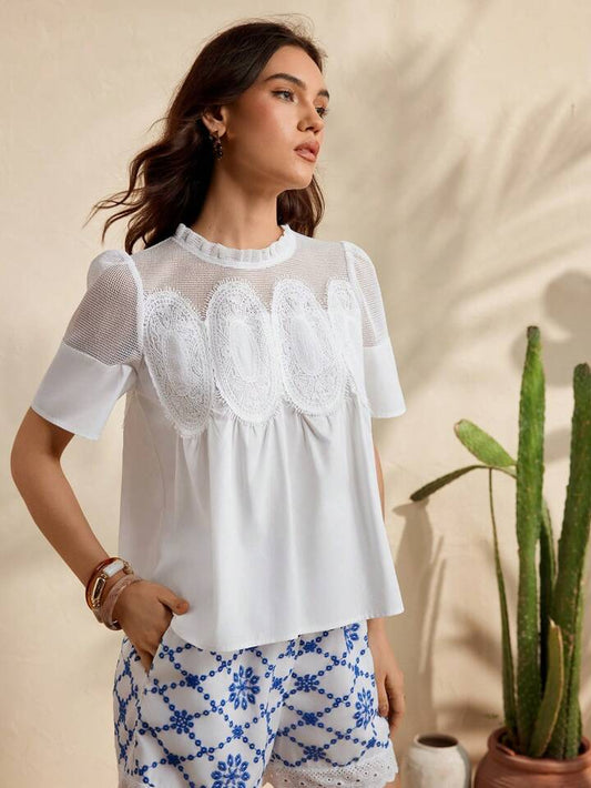 CM-TS479488 Women Casual Seoul Style Round Neck Puff Sleeve Lace Patchwork Loose Shirt - White