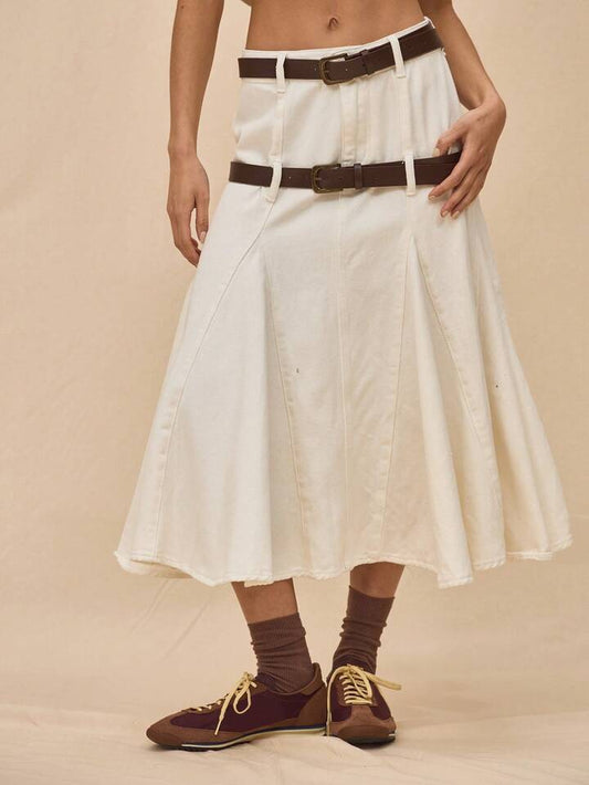 CM-BS063326 Women Casual Seoul Style Low Rise Double Belt Flared Hem Denim Midi Skirt - White