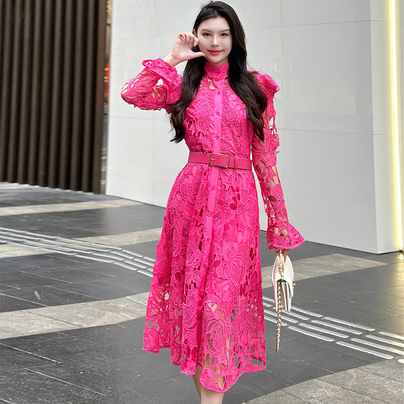 CM-DY010087 Women Elegant European Style Stand Collar Long Sleeve Belted Hollow Midi Dress