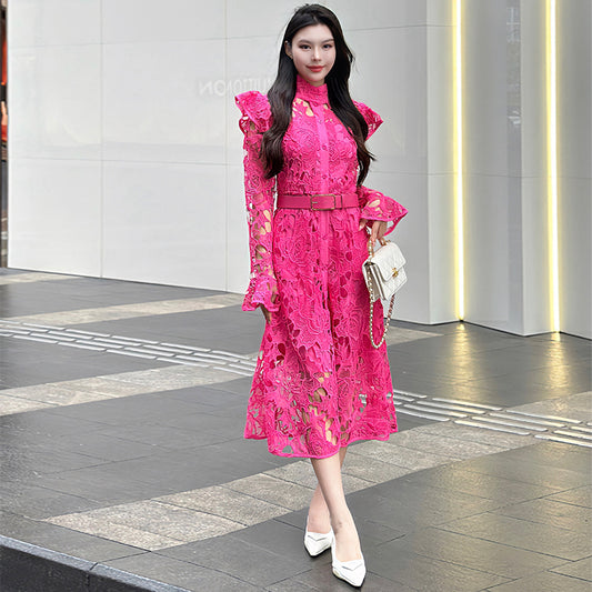 CM-DY010087 Women Elegant European Style Stand Collar Long Sleeve Belted Hollow Midi Dress