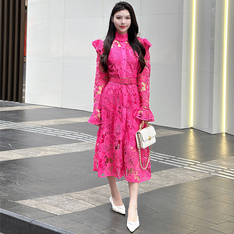 CM-DY010087 Women Elegant European Style Stand Collar Long Sleeve Belted Hollow Midi Dress