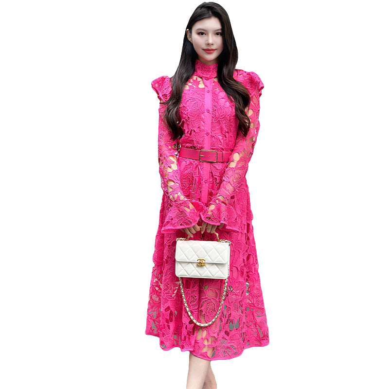 CM-DY010087 Women Elegant European Style Stand Collar Long Sleeve Belted Hollow Midi Dress
