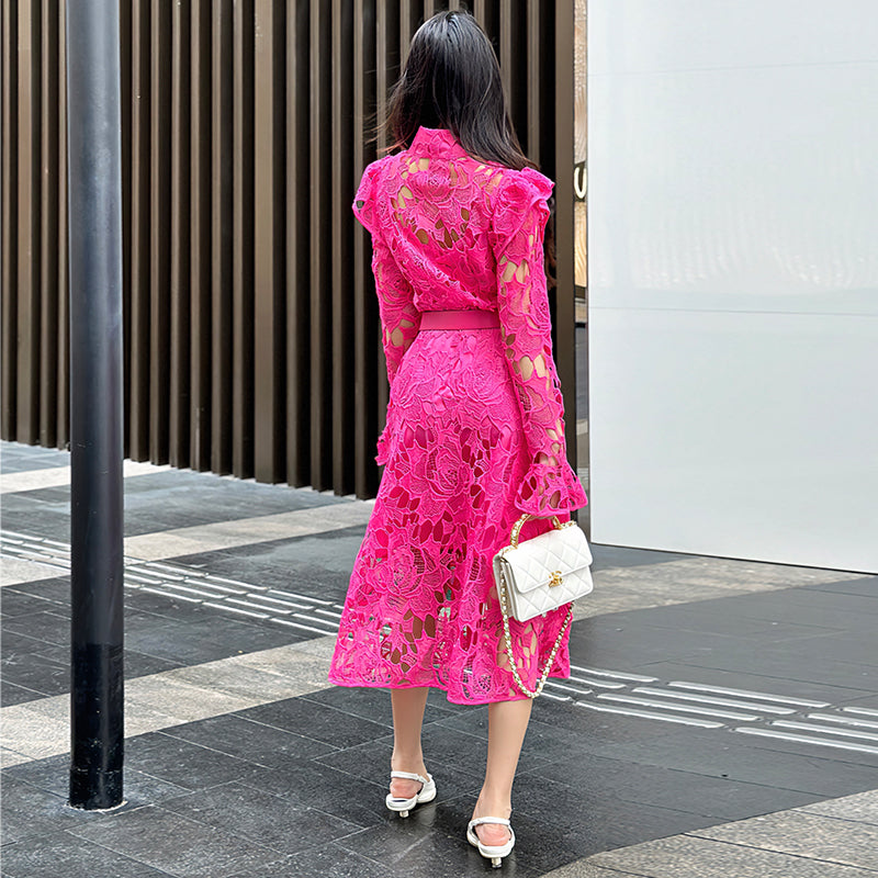 CM-DY010087 Women Elegant European Style Stand Collar Long Sleeve Belted Hollow Midi Dress