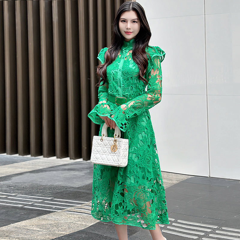 CM-DY010088 Women Elegant European Style Stand Collar Long Sleeve Belted Hollow Midi Dress