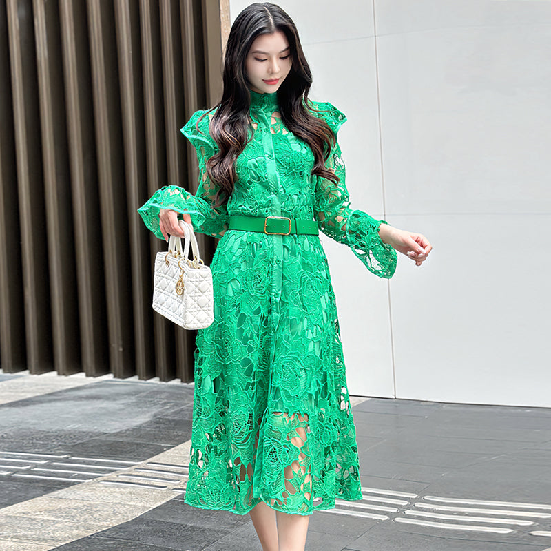 CM-DY010088 Women Elegant European Style Stand Collar Long Sleeve Belted Hollow Midi Dress