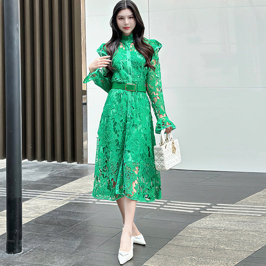 CM-DY010088 Women Elegant European Style Stand Collar Long Sleeve Belted Hollow Midi Dress