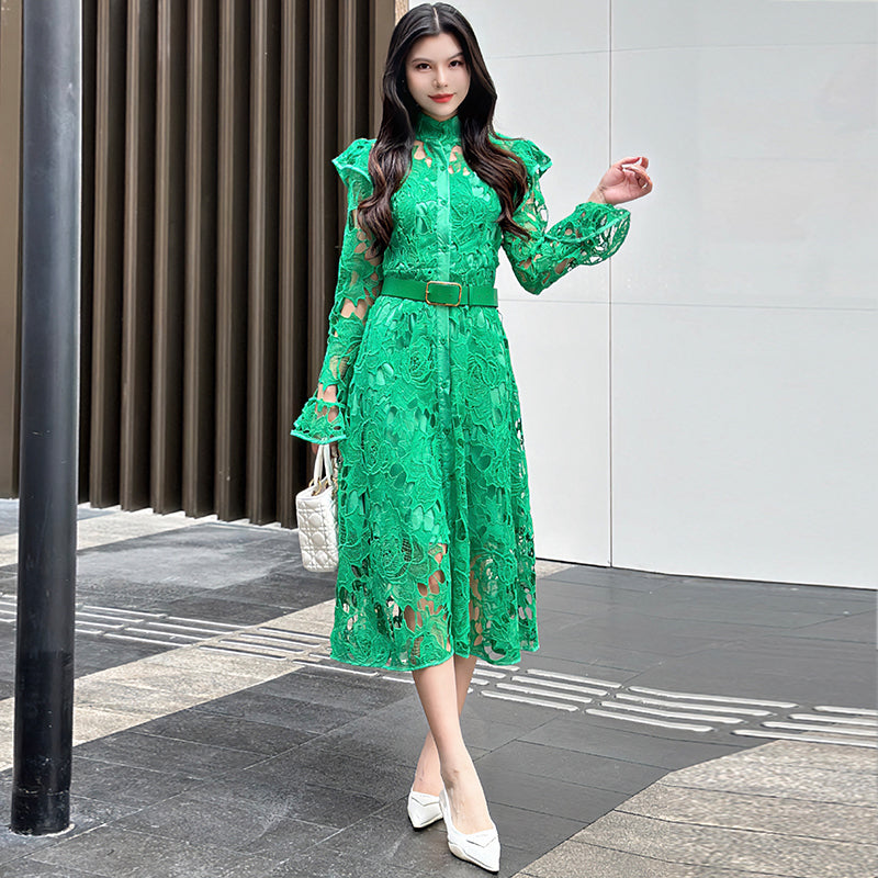 CM-DY010088 Women Elegant European Style Stand Collar Long Sleeve Belted Hollow Midi Dress