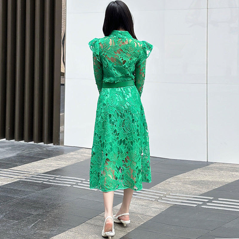 CM-DY010088 Women Elegant European Style Stand Collar Long Sleeve Belted Hollow Midi Dress