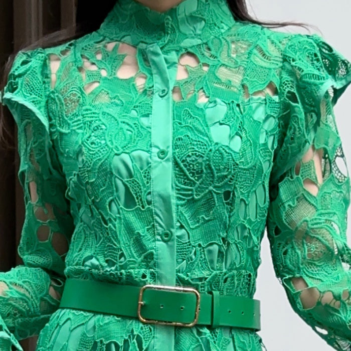 CM-DY010088 Women Elegant European Style Stand Collar Long Sleeve Belted Hollow Midi Dress