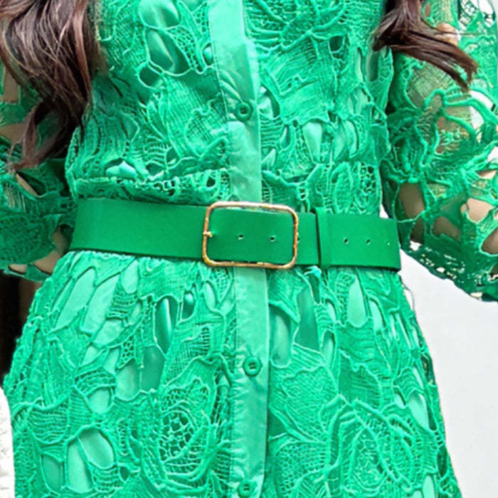 CM-DY010088 Women Elegant European Style Stand Collar Long Sleeve Belted Hollow Midi Dress