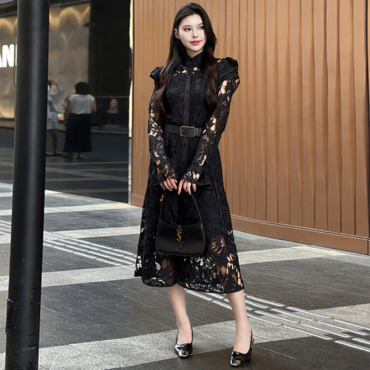 CM-DY010089 Women Elegant European Style Stand Collar Long Sleeve Belted Hollow Midi Dress