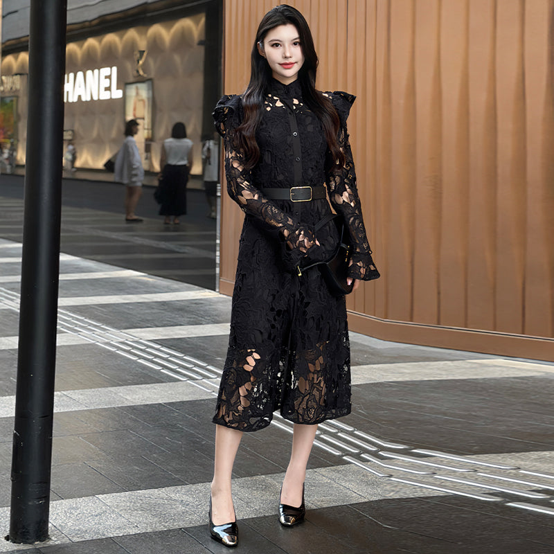 CM-DY010089 Women Elegant European Style Stand Collar Long Sleeve Belted Hollow Midi Dress