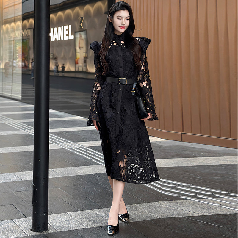 CM-DY010089 Women Elegant European Style Stand Collar Long Sleeve Belted Hollow Midi Dress