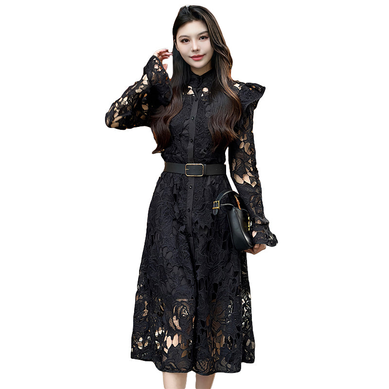 CM-DY010089 Women Elegant European Style Stand Collar Long Sleeve Belted Hollow Midi Dress