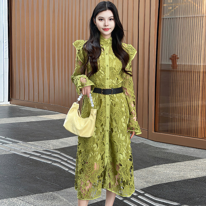 CM-DY010090 Women Elegant European Style Stand Collar Long Sleeve Belted Hollow Midi Dress