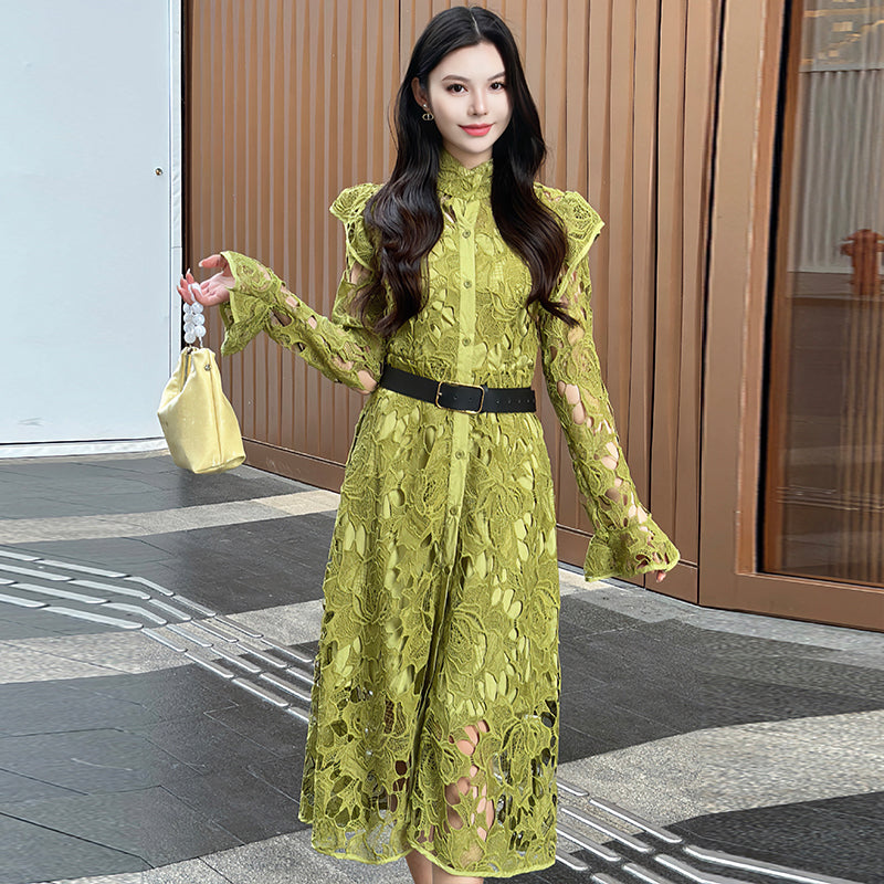 CM-DY010090 Women Elegant European Style Stand Collar Long Sleeve Belted Hollow Midi Dress