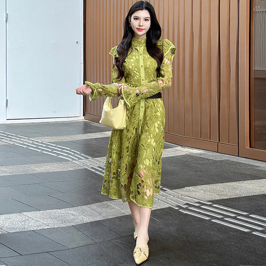 CM-DY010090 Women Elegant European Style Stand Collar Long Sleeve Belted Hollow Midi Dress
