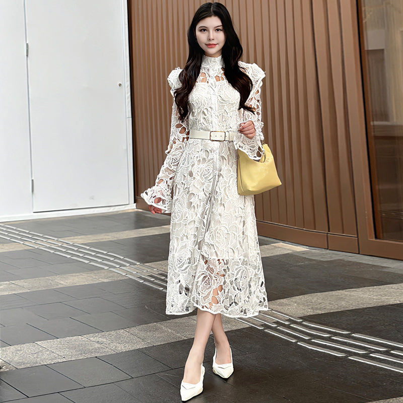 CM-DY010091 Women Elegant European Style Stand Collar Long Sleeve Belted Hollow Midi Dress