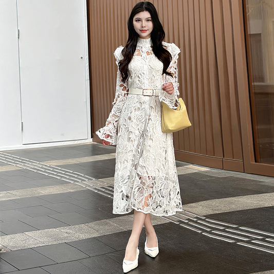 CM-DY010091 Women Elegant European Style Stand Collar Long Sleeve Belted Hollow Midi Dress
