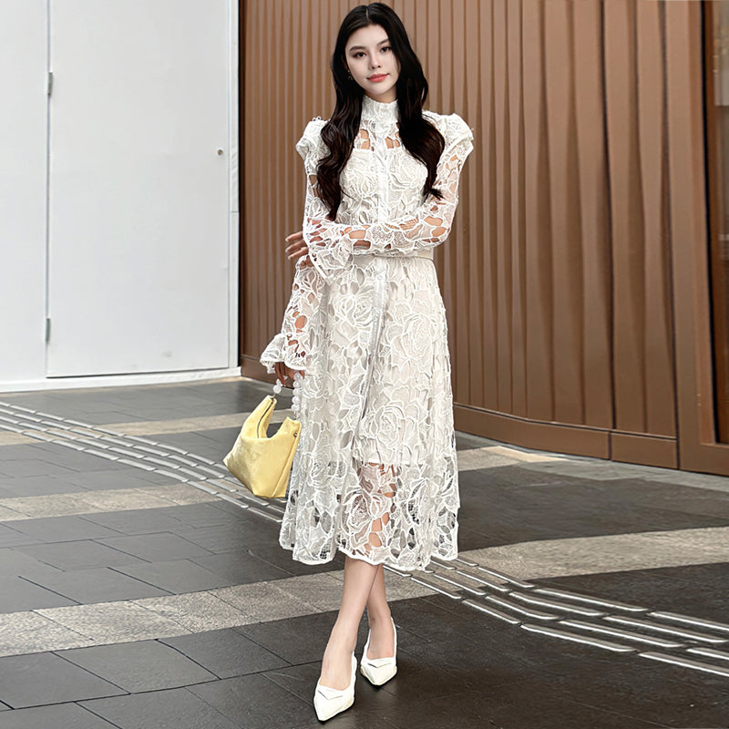 CM-DY010091 Women Elegant European Style Stand Collar Long Sleeve Belted Hollow Midi Dress