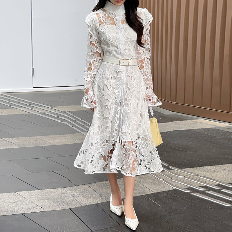 CM-DY010091 Women Elegant European Style Stand Collar Long Sleeve Belted Hollow Midi Dress