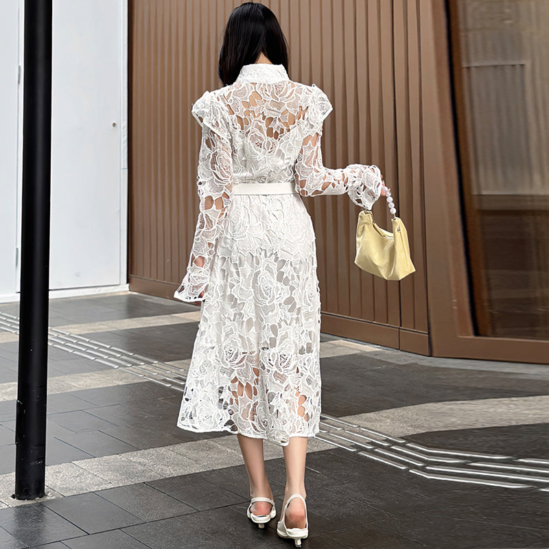 CM-DY010091 Women Elegant European Style Stand Collar Long Sleeve Belted Hollow Midi Dress