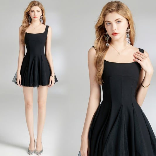 CM-DY010162 Women Elegant Euroepan Style Square Neck Sleeveless Mini Dress - Black