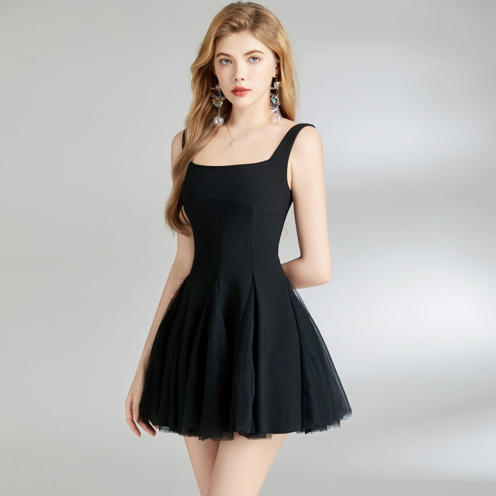 CM-DY010162 Women Elegant Euroepan Style Square Neck Sleeveless Mini Dress - Black