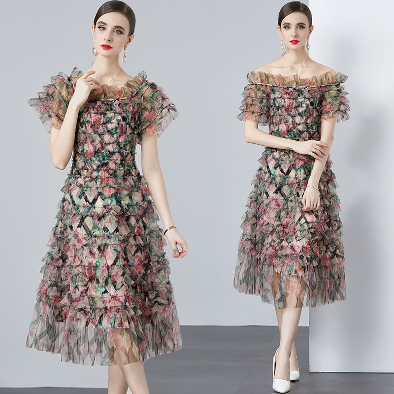 CM-DY010182 Women Elegant European Style Floral Gauze Off the Shoulder High Waist Mid-Length Dress - Black