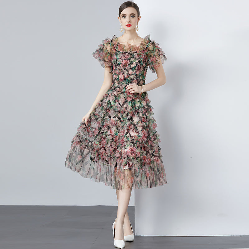 CM-DY010182 Women Elegant European Style Floral Gauze Off the Shoulder High Waist Mid-Length Dress - Black