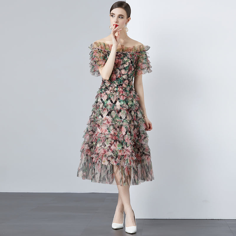 CM-DY010182 Women Elegant European Style Floral Gauze Off the Shoulder High Waist Mid-Length Dress - Black