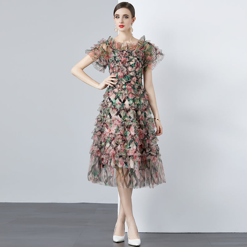 CM-DY010182 Women Elegant European Style Floral Gauze Off the Shoulder High Waist Mid-Length Dress - Black