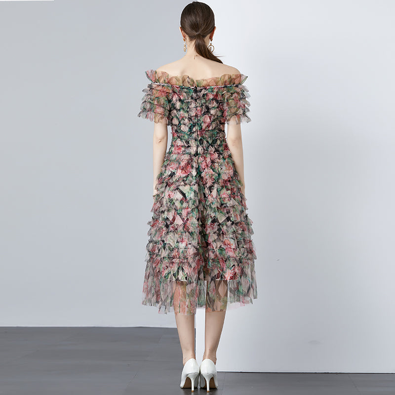 CM-DY010182 Women Elegant European Style Floral Gauze Off the Shoulder High Waist Mid-Length Dress - Black