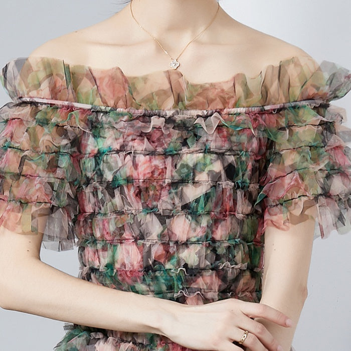 CM-DY010182 Women Elegant European Style Floral Gauze Off the Shoulder High Waist Mid-Length Dress - Black