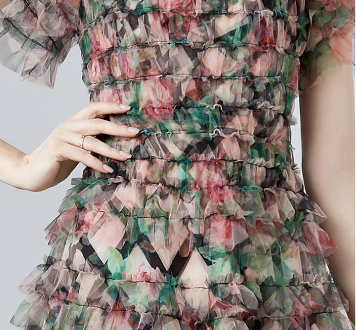 CM-DY010182 Women Elegant European Style Floral Gauze Off the Shoulder High Waist Mid-Length Dress - Black