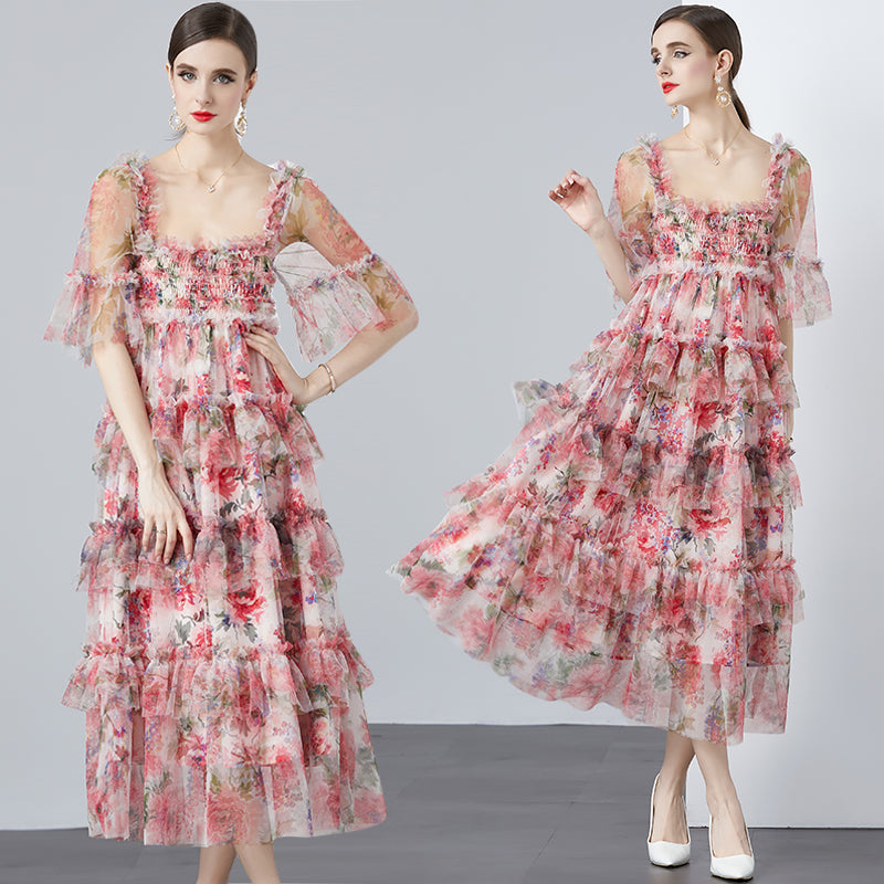CM-DY010183 Women Elegant European Style Gauze Square Collar Short Sleeve High Waist Cupcake Dress - Pink