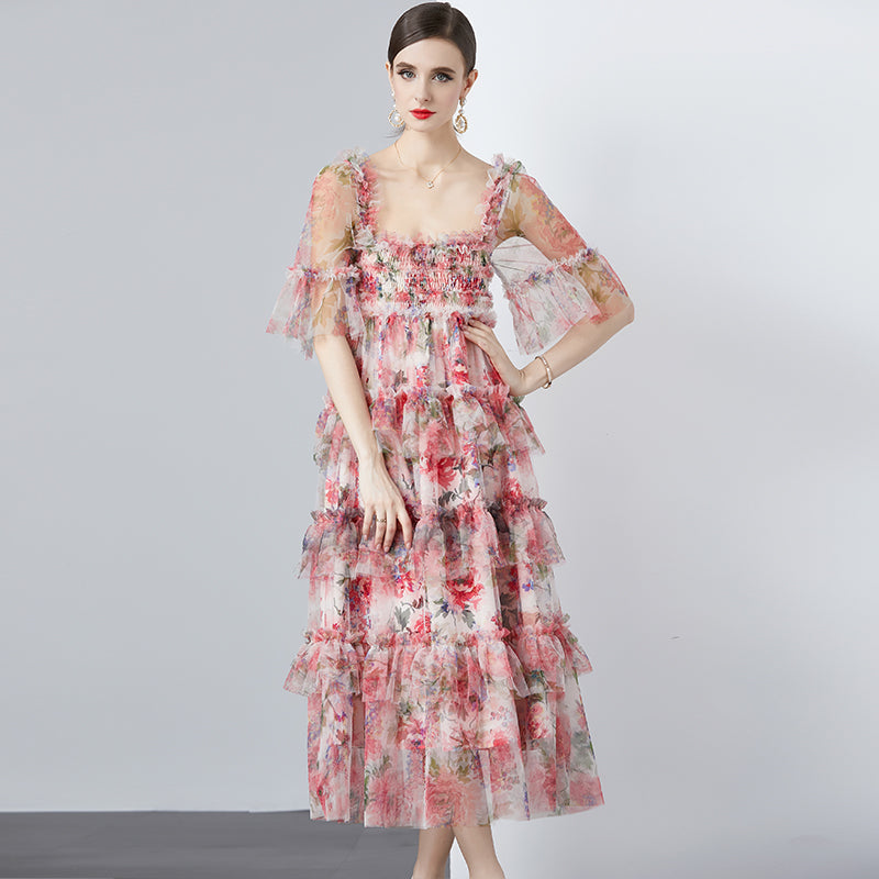 CM-DY010183 Women Elegant European Style Gauze Square Collar Short Sleeve High Waist Cupcake Dress - Pink