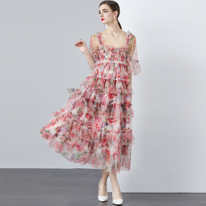 CM-DY010183 Women Elegant European Style Gauze Square Collar Short Sleeve High Waist Cupcake Dress - Pink