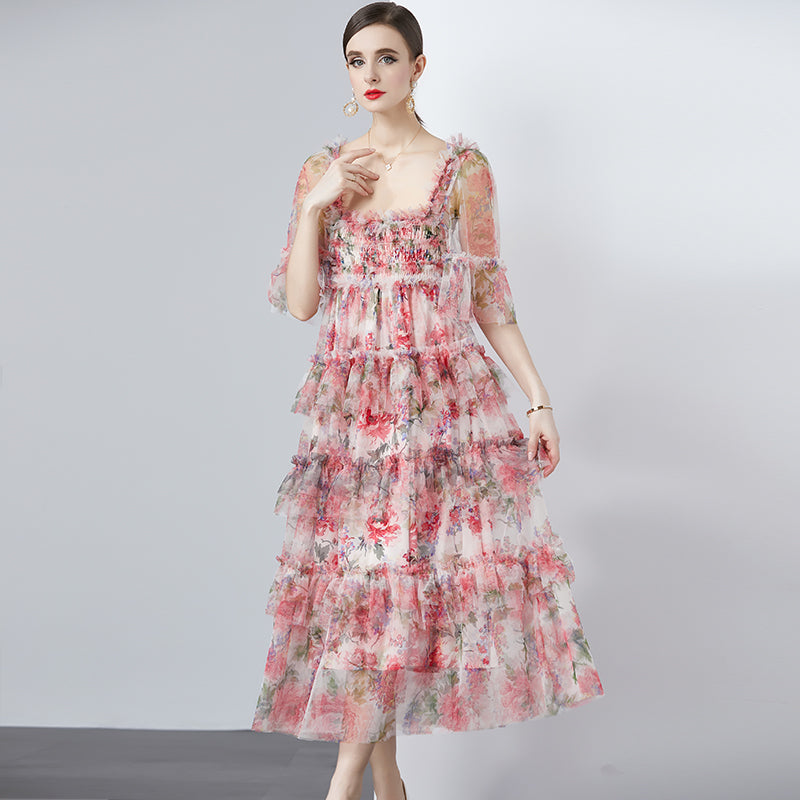 CM-DY010183 Women Elegant European Style Gauze Square Collar Short Sleeve High Waist Cupcake Dress - Pink