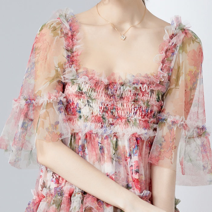 CM-DY010183 Women Elegant European Style Gauze Square Collar Short Sleeve High Waist Cupcake Dress - Pink