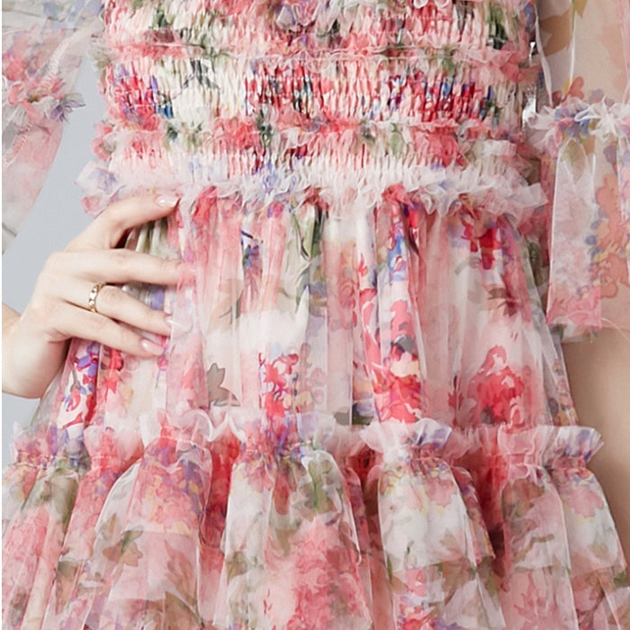 CM-DY010183 Women Elegant European Style Gauze Square Collar Short Sleeve High Waist Cupcake Dress - Pink