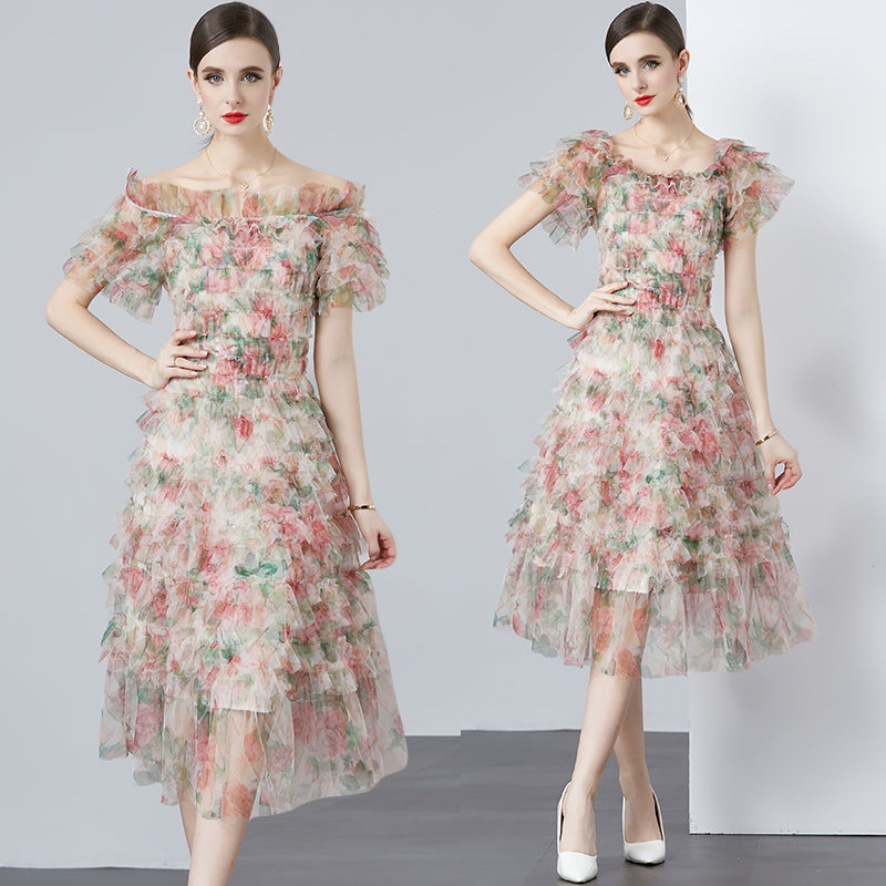 CM-DY010184 Women Elegant European Style Floral Gauze Off the Shoulder High Waist Mid-Length Dress - Apricot