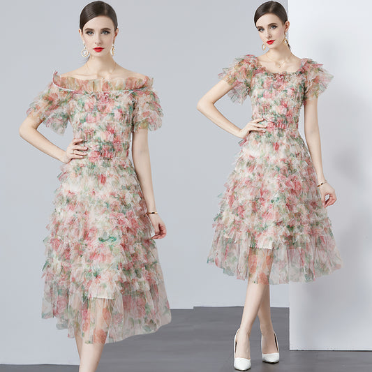 CM-DY010184 Women Elegant European Style Floral Gauze Off the Shoulder High Waist Mid-Length Dress - Apricot