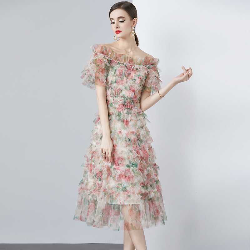 CM-DY010184 Women Elegant European Style Floral Gauze Off the Shoulder High Waist Mid-Length Dress - Apricot
