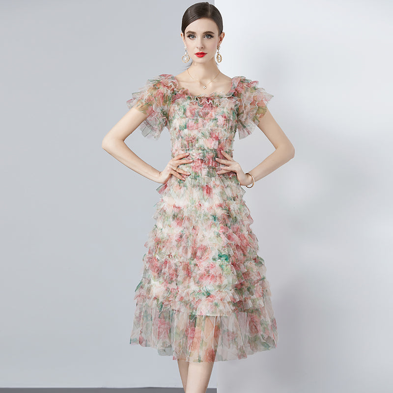 CM-DY010184 Women Elegant European Style Floral Gauze Off the Shoulder High Waist Mid-Length Dress - Apricot