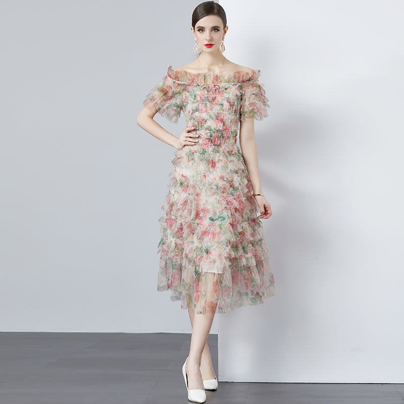 CM-DY010184 Women Elegant European Style Floral Gauze Off the Shoulder High Waist Mid-Length Dress - Apricot