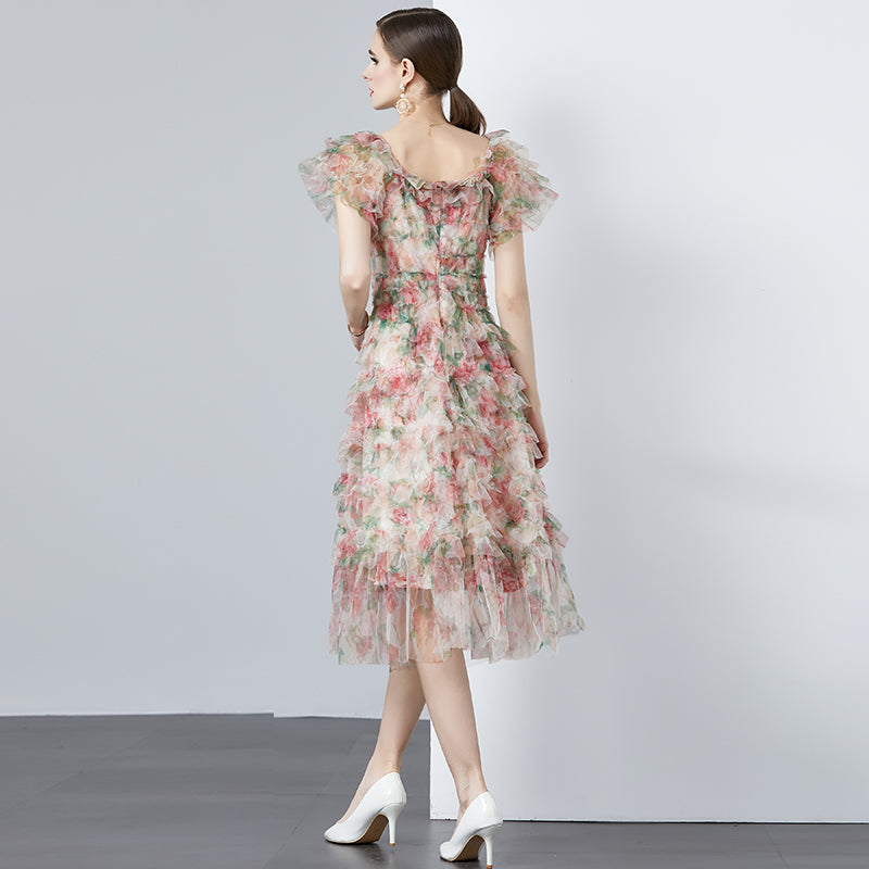 CM-DY010184 Women Elegant European Style Floral Gauze Off the Shoulder High Waist Mid-Length Dress - Apricot