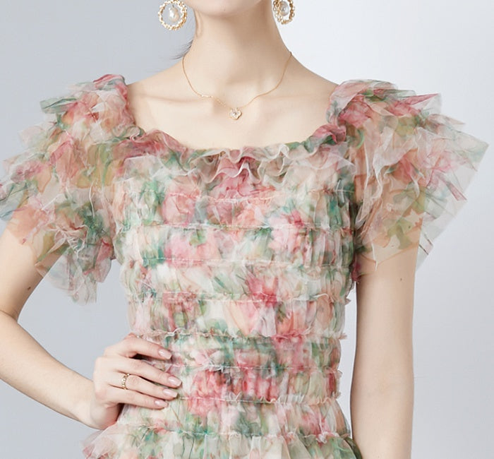 CM-DY010184 Women Elegant European Style Floral Gauze Off the Shoulder High Waist Mid-Length Dress - Apricot