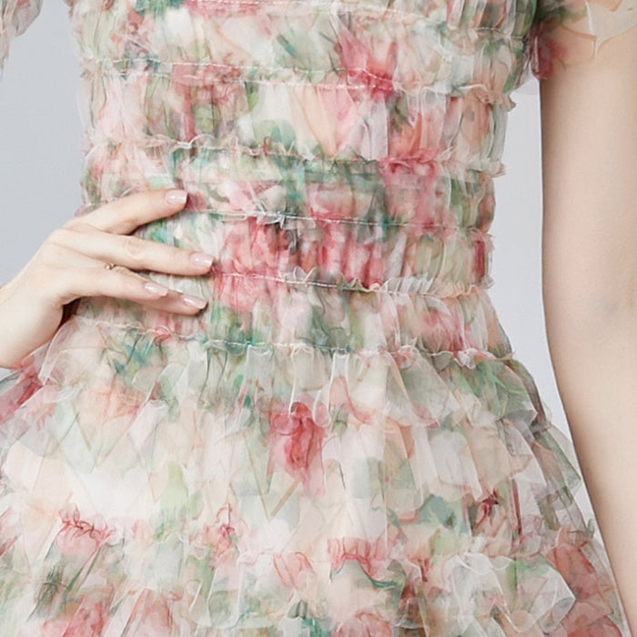 CM-DY010184 Women Elegant European Style Floral Gauze Off the Shoulder High Waist Mid-Length Dress - Apricot